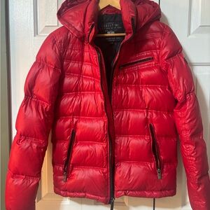 Guess red puffer jacket in mens XS fits women medium